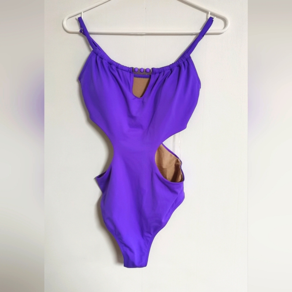 Shade & Shore Women's Bead Detail One Piece Purple Swimsuit Cut out Tunneled S